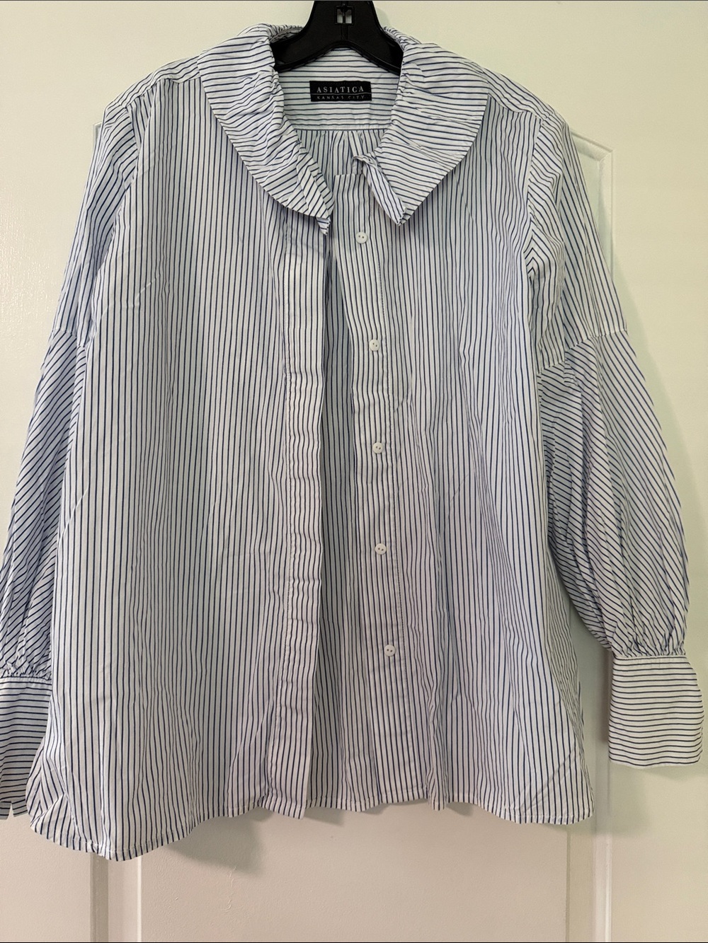 Asiatica Blue & White Striped Ruffle Collar Blouse
